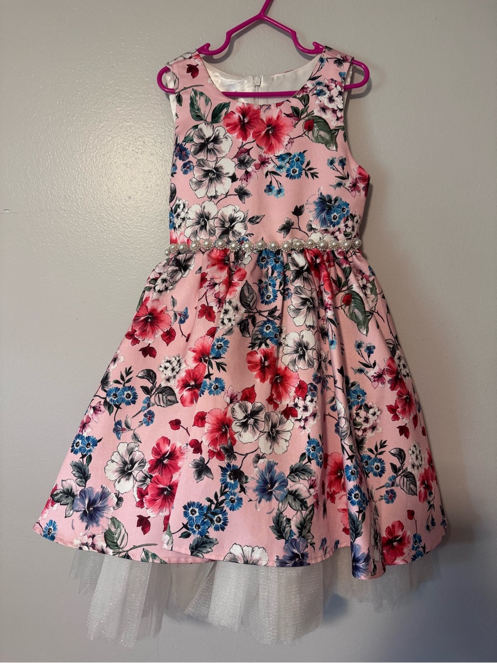 Girls Pink Floral Pearl-Trim Formal Dress